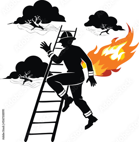 Firefighter Ascending Ladder Amidst Wildfire Emergency Response Illustration