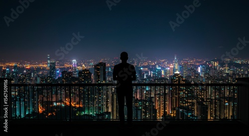 A silhouette stands looking at a city at night. Lights illuminate the buildings under a dark sky