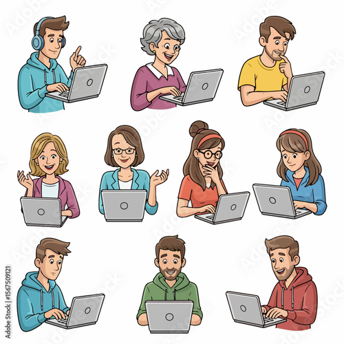 People using laptops, various expressions, diverse group