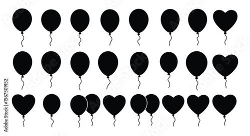 Festive Balloon Silhouettes Vector Set – Assorted Round and Heart-Shaped Balloons with Strings for Celebrations and Party Designs