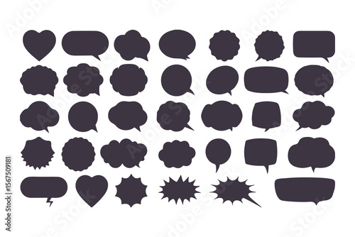 Set of black speech bubble icons. Collection of various callouts for comic, manga, and chat. Flat vector silhouette dialogue boxes.