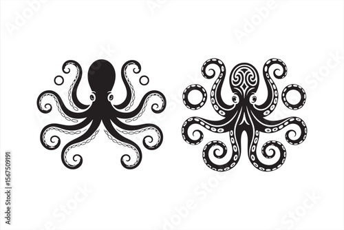 Simplified black and white octopus with swirling tentacles.