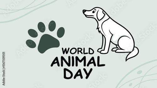 World Animal Day:  A charming illustration featuring a serene white dog, a dark green paw print, and a soft, pastel green background, perfect for animal welfare campaigns and pet-related businesses.
