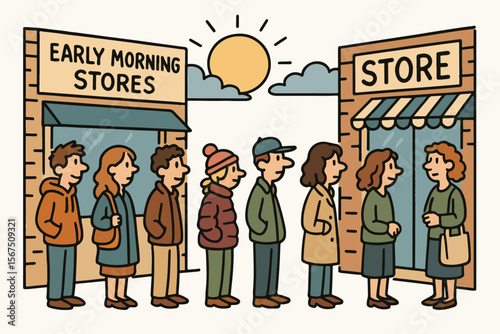 Queues at stores early morning people waiting line
