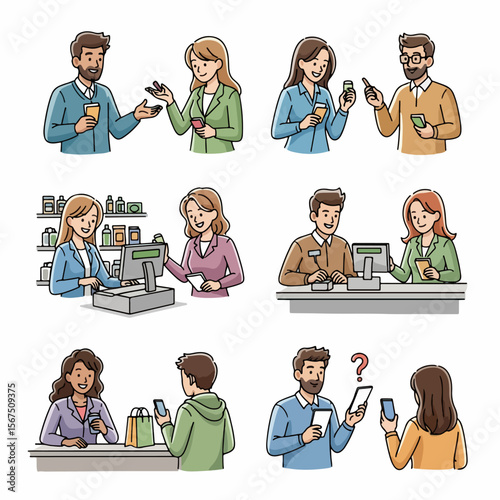 Retail shopping scenes people interacting customer service