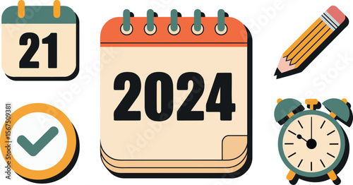 Calendar icons 2024 planner date pencil alarm clock tick mark scheduling graphic set organizer