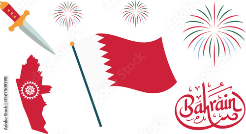 Bahrain national day flag dagger fireworks map Arabic calligraphy celebration icon vector set