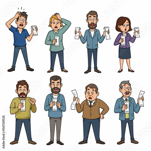 Shocked people holding bills financial stress concept