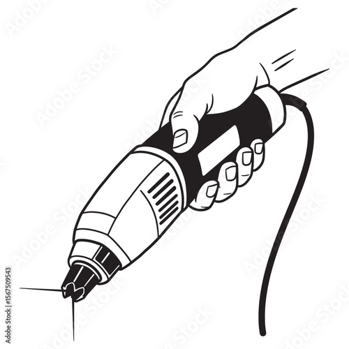 Hand holding a heat gun tool with electrical cord black and white illustration