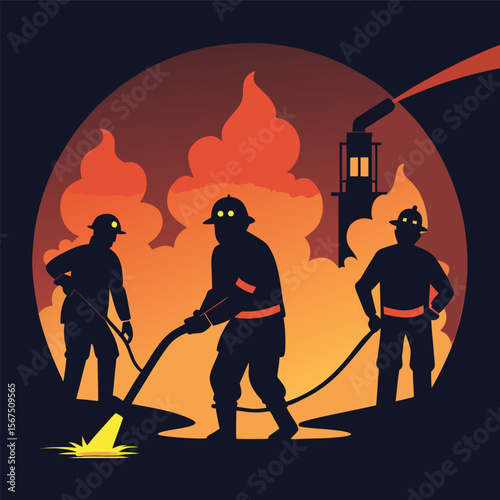 Three Firefighters Bravely Battling a Fierce Industrial Fire at Night
