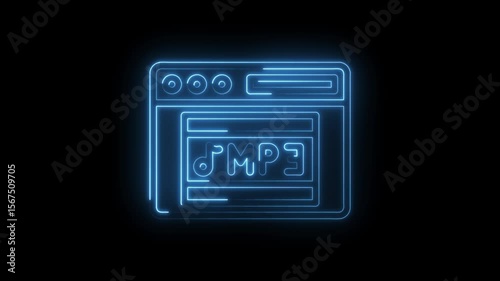 Glowing neon style mp3 audio player interface animation on black background