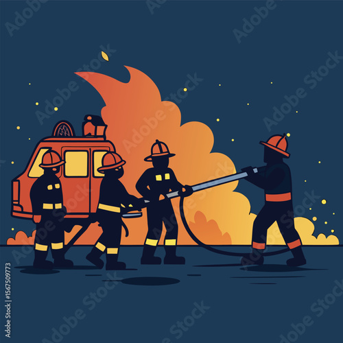 Firefighters bravely battling a large fire at night with a firetruck