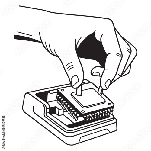 Hand installing a cpu processor chip into socket concept of technology and repair