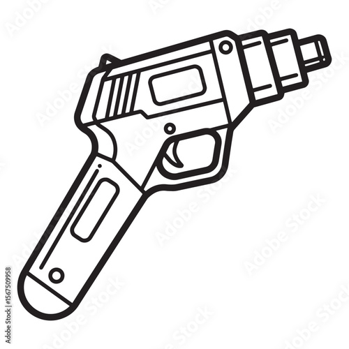 Illustrated black and white outline of a handgun ready for use vector graphic