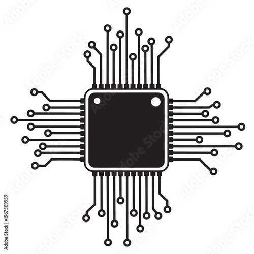 High quality black and white vector illustration of a computer chip processor isolated