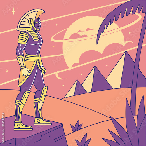 Pharaoh standing on a cliff overlooking pyramids and a ringed planet with a palm tree view at sunset