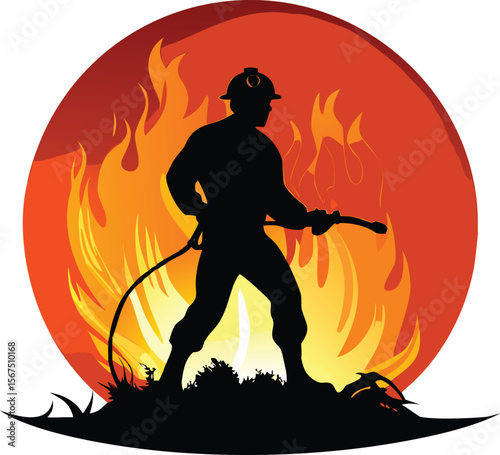 Silhouette of a Firefighter Bravely Battling a Fiery Blaze
