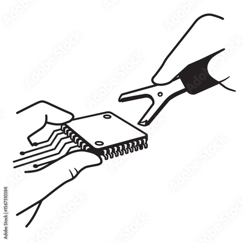 Illustration of a hand using tweezers to handle a semiconductor computer chip