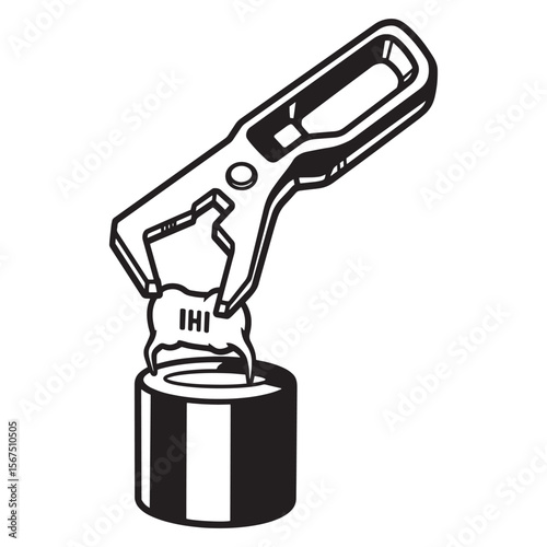 Illustration of a metal tool clamping onto a cylindrical container with an ihi mark