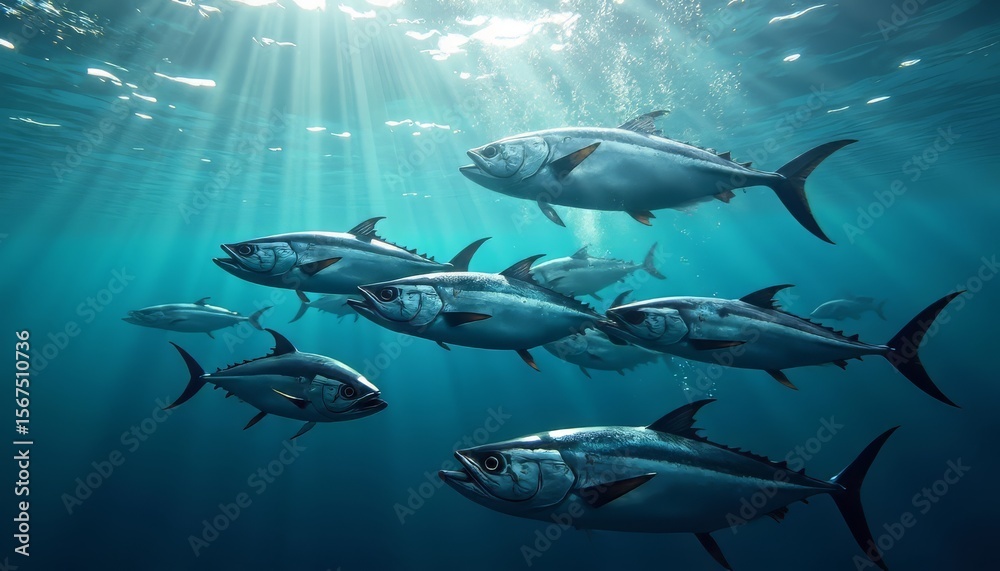 Obraz premium School of Tuna Fish Swimming Underwater
