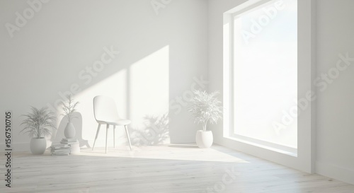 Minimalist white room with sunlight
