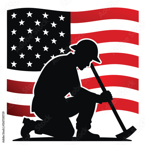 Silhouette of a kneeling soldier with a pickaxe before the American flag representing remembrance and sacrifice