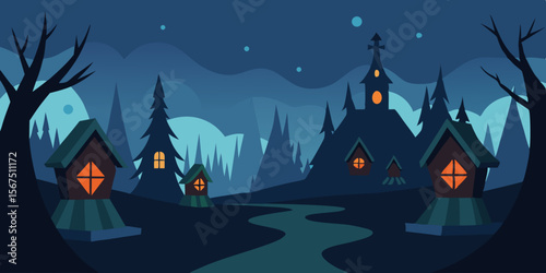 A Cold And Snowy Village Lit Only By Lanterns