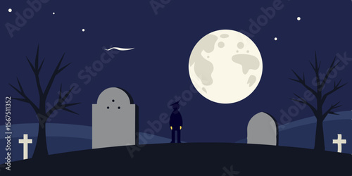 Full Moon Night In Ancient Graveyard With Crows