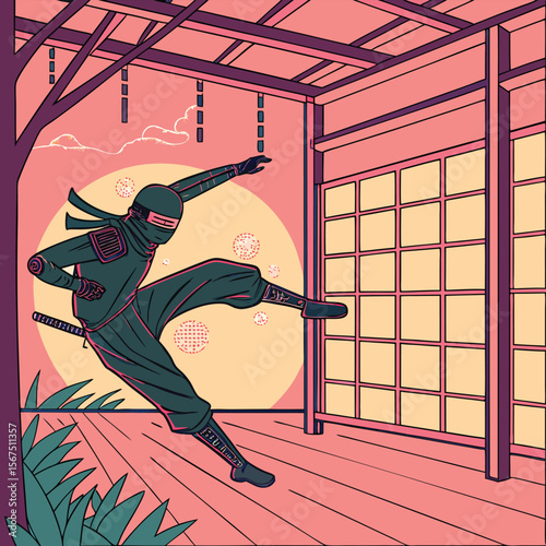 Illustration of a ninja in mid air kicking towards a window in a japanese style building setting