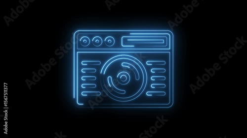 Glowing neon dj mixer turntable animation on black background for electronic music