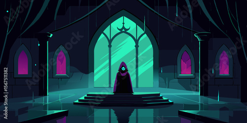 Gothic Cathedral Interior During Thunderstorm