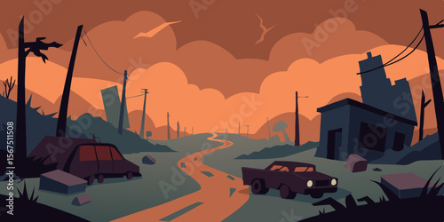 Post Apocalyptic Street Scene Littered With Debris