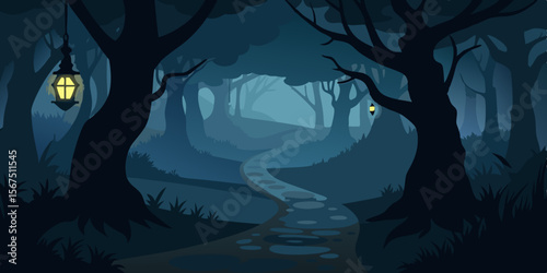Shadowy Forest Path At Midnight Lit By Full Moon