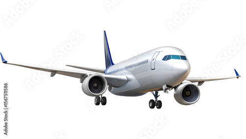 A passenger airplane is flying isolated on transparent background