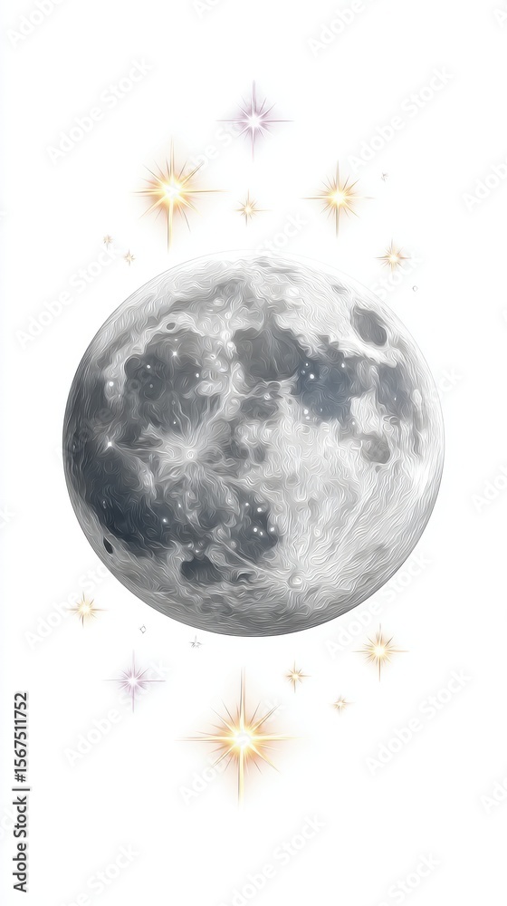 Fototapeta premium Grayscale Moon with Sparkling Stars on White Background