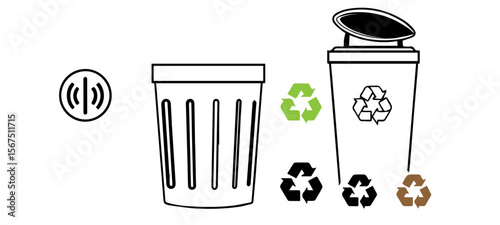 trash can icon Minimalist AI Trash Bin Icons with Smart Fill Sensors and Recycle Signs