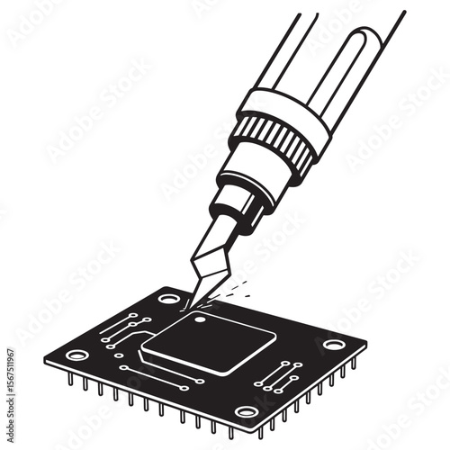 Repairing computer chip circuit board with soldering iron vector illustration for technology theme
