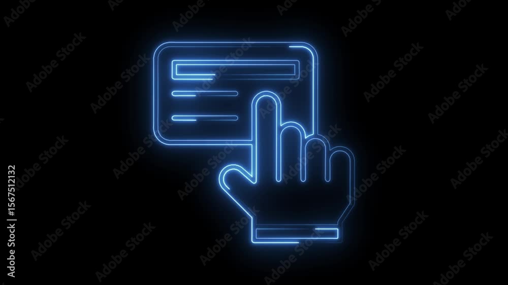 Digital banking neon icon animation with hand clicking card for online payment