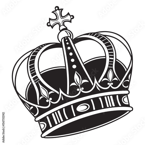 Elegant black and white illustration of a regal crown with intricate details and a prominent cross on top