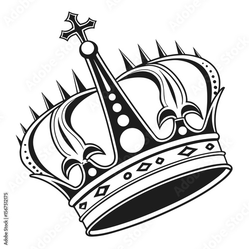 Stylized black and white illustration of a royal crown with sharp points and ornate detailing on a white background