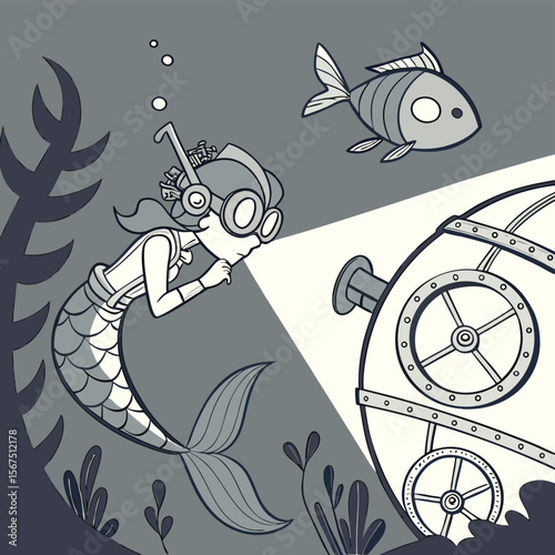 Mermaid with goggles looking at a submarine near a fish in a grayscale underwater environment scene