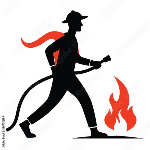 Silhouette of Firefighter Walking Towards Fire with Hose