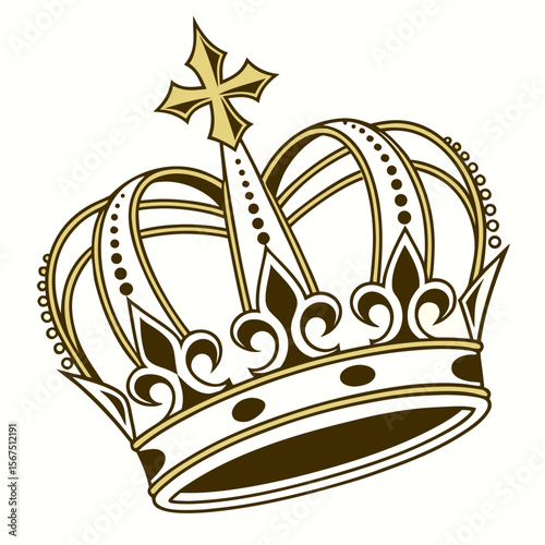 Elegant gold and brown royal crown with ornate detailing and a cross symbol on top isolated on white background