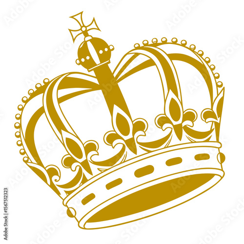 Elegant golden royal crown with intricate details and a cross on top symbolizing monarchy and prestige