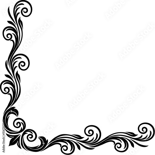 A filigree heraldic crest motif floral pattern corner border frame design element. Original design in a vintage style.