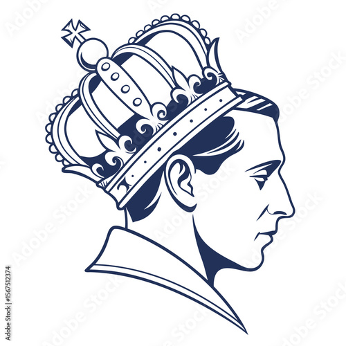 Stylized profile silhouette of a man wearing an ornate royal crown and regal attire in a classic dark blue outline against a white background