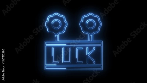 Neon luck sign animation with flowers on top in blue glowing style