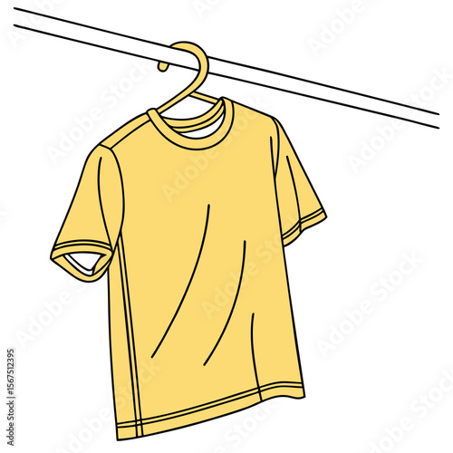 Simple yellow t shirt hanging on a clothes hanger on a clothesline with a clean white background