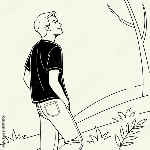 Young man in casual clothing looking up thoughtfully towards the sky in a minimalist outdoor setting with trees and hills