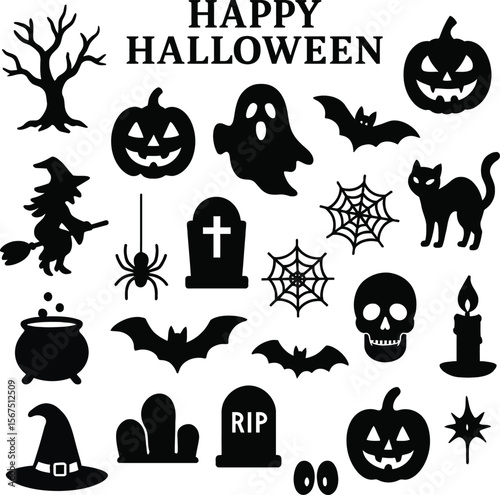 Happy Halloween Silhouette Vector Set – Spooky Icons Collection for Holiday Decor, Cards, Stickers, and Festival Design
